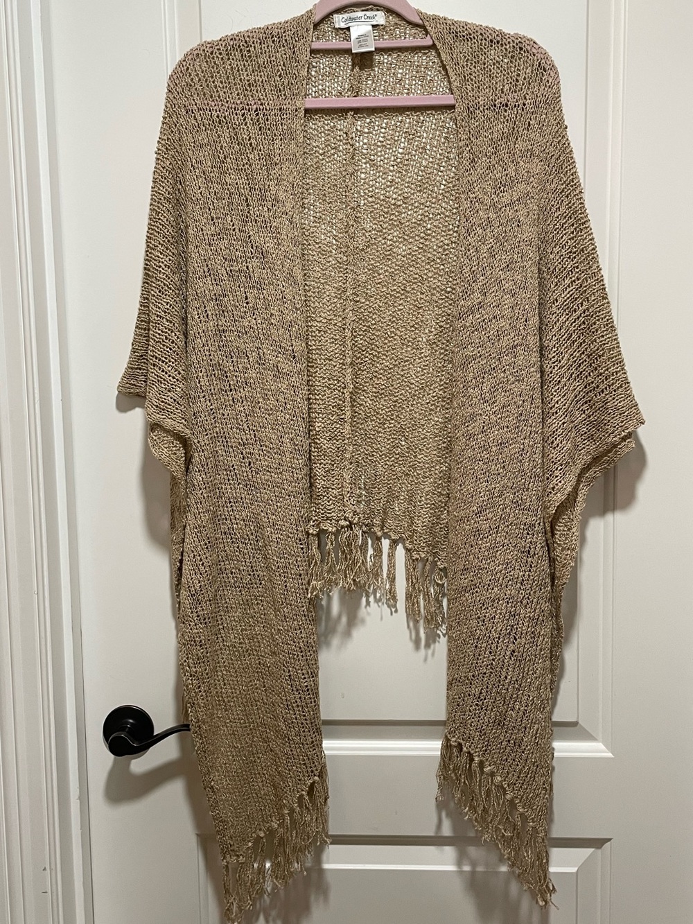 Boho Chic Coldwater Creek Cottagecore Beige Open Knit Fringe Hem Cardigan Shrug